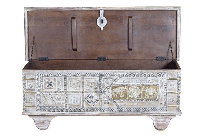GINER Y COLOMER - Bahut en bois de manguier finition blanc vieilli avec appliques bronze - 46 x 116 x 40 cm (LxHxP)